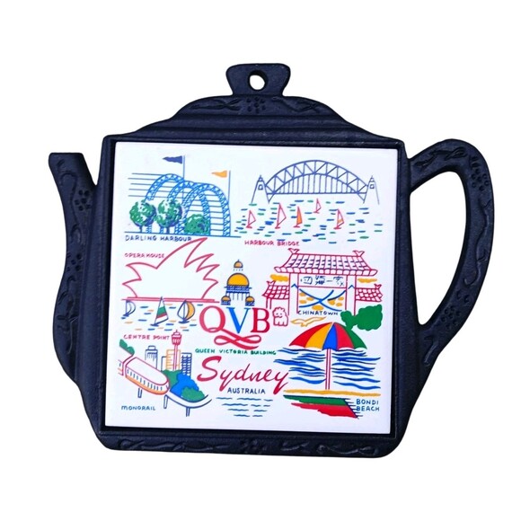 VTG Sydney Australia Tile Trivet Cast Metal Teapot Shape Frame Travel Souvenir - Picture 1 of 2